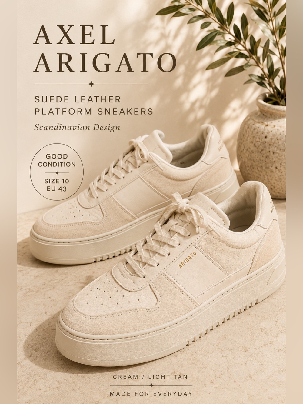 Axel Arigato Cream Light Tan Suede Leather Platform Sneakers Size 10